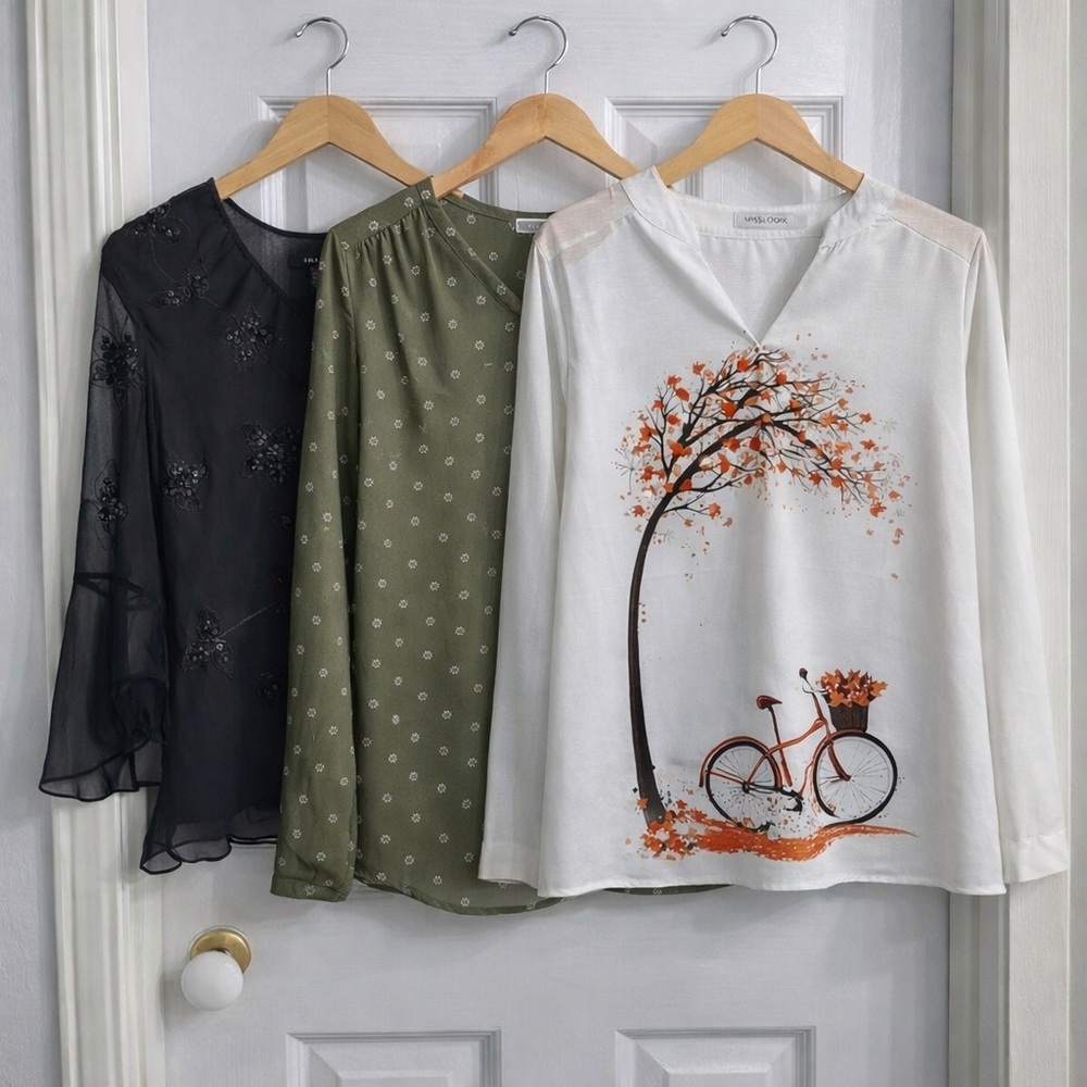 3-Piece Women’s Blouse Bundle: White Fall Print, Green Floral & Chic Black